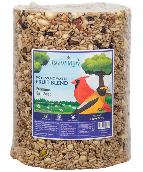JCS Wildlife No Mess, No Waste Fruit Blend Premium Bird Seed Cylinder, 4.5 lb, ideal for attracting backyard birds.