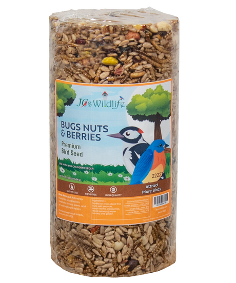 JCs Wildlife Bugs Nuts & Berries Premium Bird Seed product featuring a woodpecker and bluebird against a background of a tree, showcasing a mix of sunflower seeds, dried berries, and mealworms in a cylindrical package.
