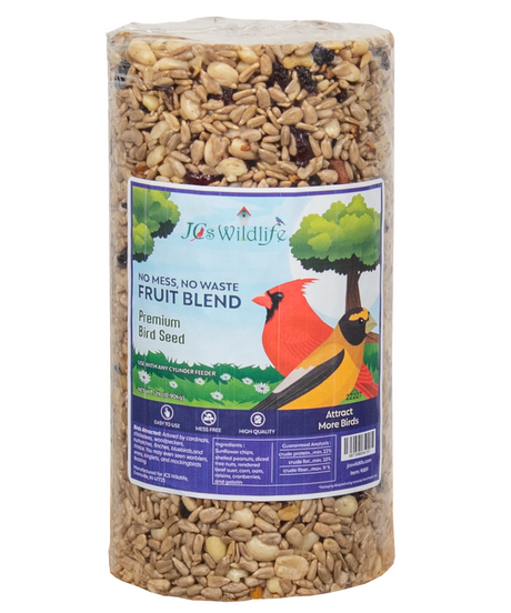 JCS Wildlife No Mess, No Waste Fruit Blend Premium Bird Seed Cylinder, 2 lb, ideal for attracting birds without litter.