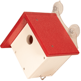 JCS Wildlife Recycled Poly Lumber Window-Mount Wren House with a red roof, perfect for attracting nesting birds.