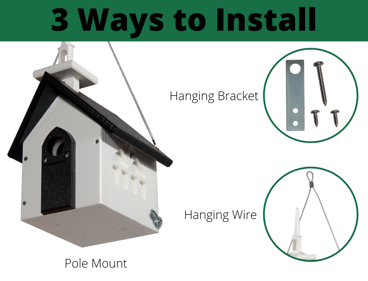 Product image showing three ways to install a white and black church-shaped birdhouse with a steeple, using a hanging bracket, wire, and pole mount, featuring tiny decorative windows and a dark gray door
