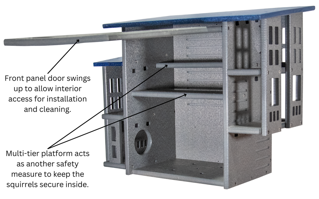 Diagram showing a multi-tiered squirrel house with a blue roof, gray textured walls, and interior platforms and shelves for secure access