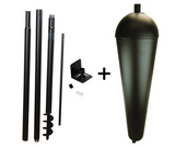 Product shot showing a black metal ground-mount kit with auger, posts, and a conical top for outdoor use featuring adjustable height and simple assembly
