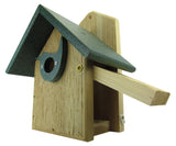 Wooden birdhouse with a dark green roof a bird-shaped entrance and a removable cleaning tray showcasing natural wood grain and brass screws
