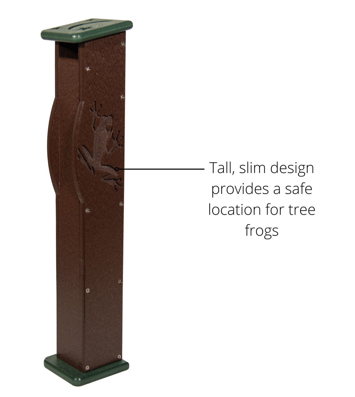 Recycled plastic frog habitat tall brown post with green top and base featuring an etched frog design and visible screws
