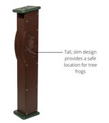 Recycled plastic frog habitat tall brown post with green top and base featuring an etched frog design and visible screws
