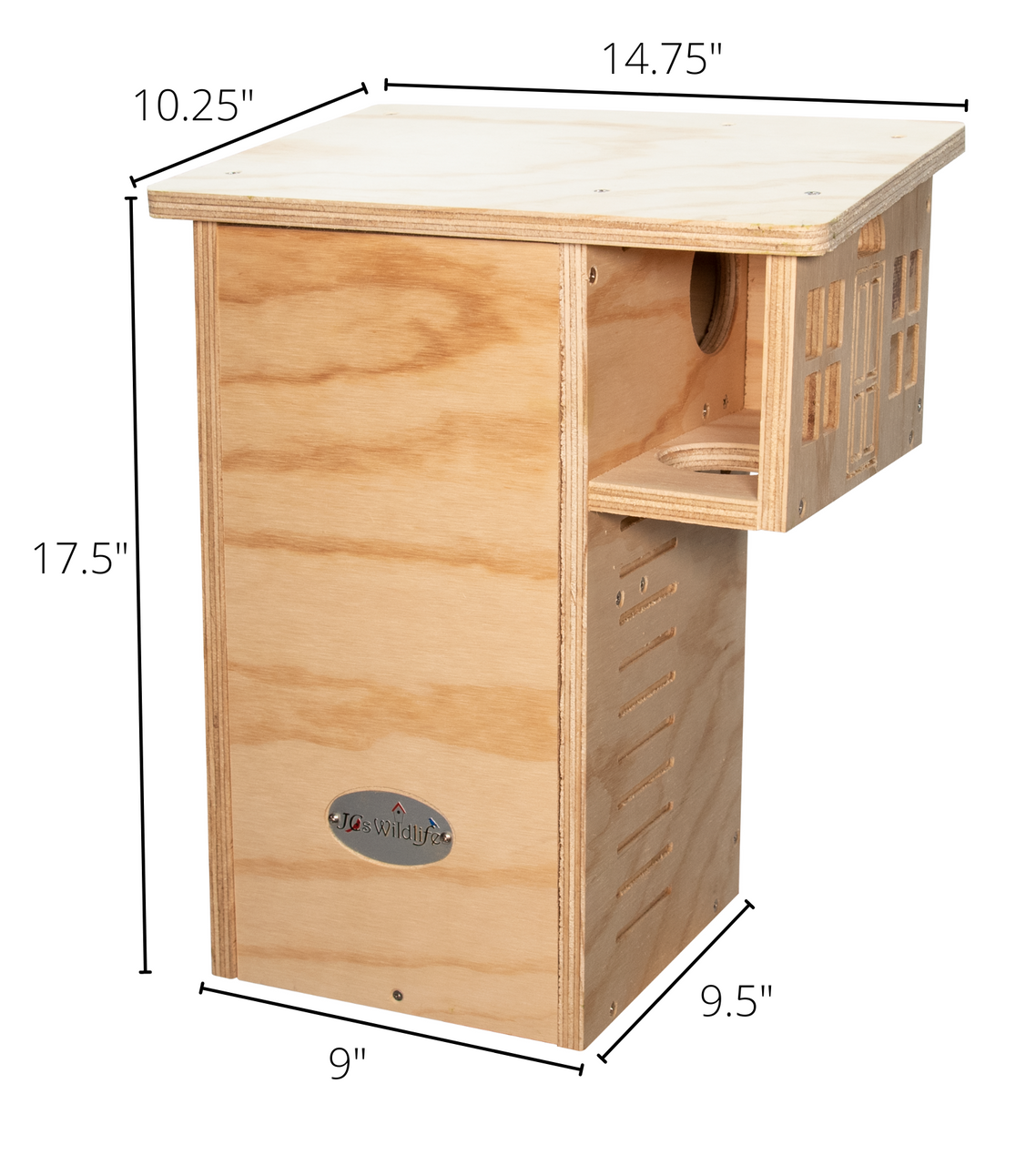 JCS Wildlife Plywood Squirrel House Nesting Box dimensions 14.75" x 10.25" x 17.5" made from exterior grade plywood.