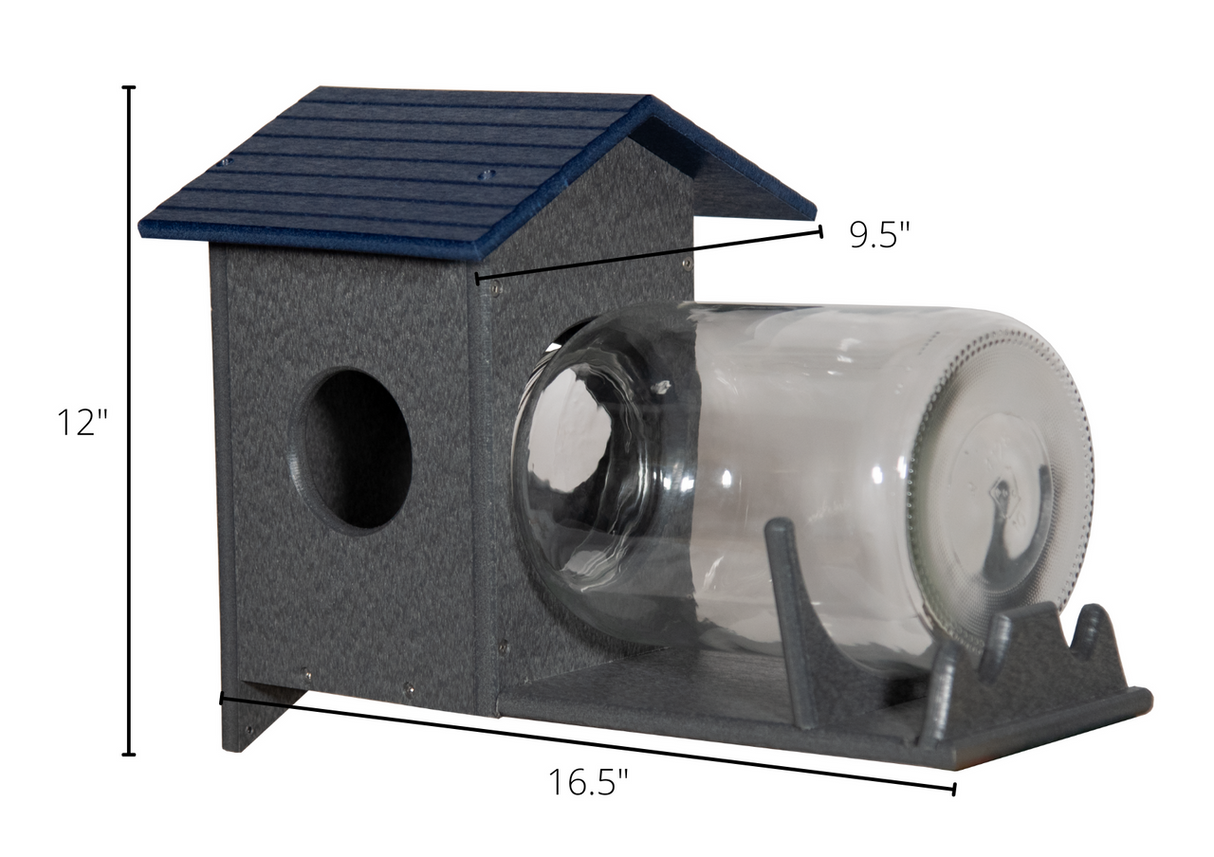 JCS Wildlife Squirrel Under Glass Feeder with glass jar, ideal for peanuts and corn, perfect for feeding squirrels.