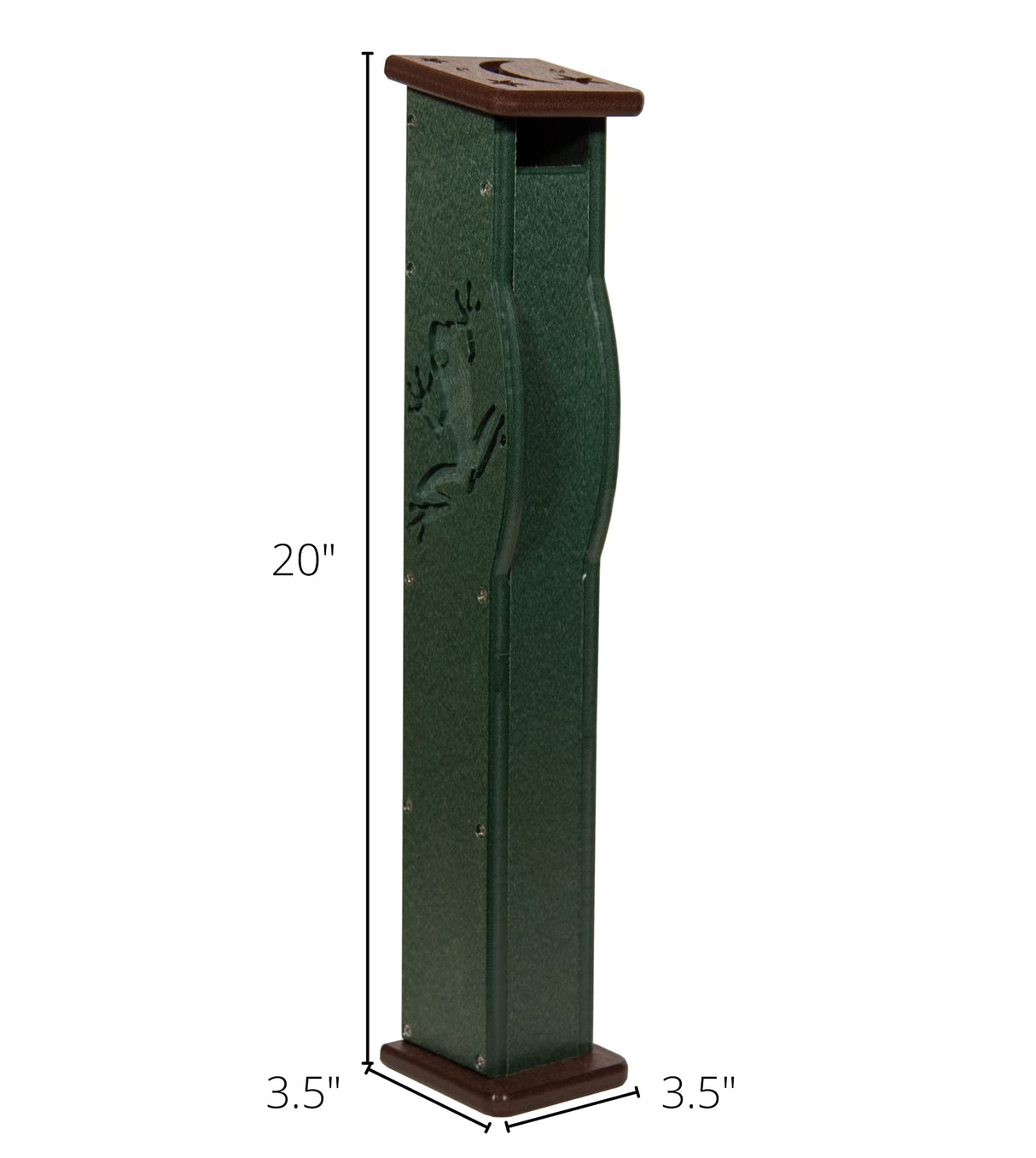 Product shot of a dark green and brown recycled plastic post with a carved frog design and a moon cutout on top