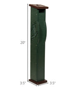 Product shot of a dark green and brown recycled plastic post with a carved frog design and a moon cutout on top