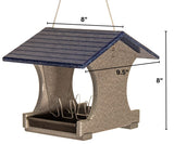 JCS Wildlife Small Hopper Bird Feeder with dimensions, made from recycled material for sustainable outdoor bird feeding.