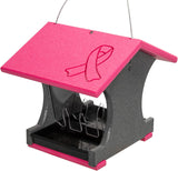 JCS Wildlife Small Hopper Bird Feeder in pink and gray, featuring a ribbon symbol, perfect for attracting birds to your garden.