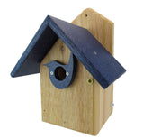 Wooden birdhouse with a dark blue roof and bird-shaped entrance hole showcasing a light brown wood grain and brass colored screws
