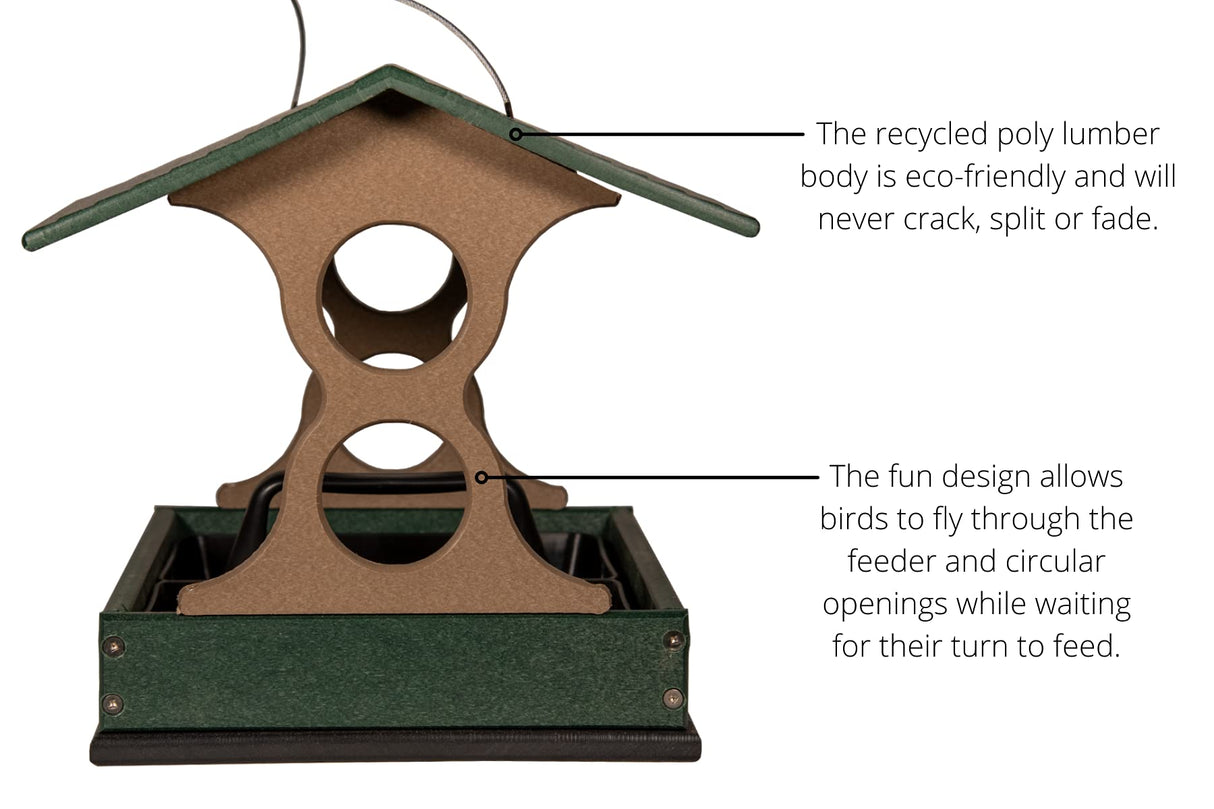Recycled poly lumber bird feeder showing a taupe body green roof and black base with circular openings for birds to feed through

