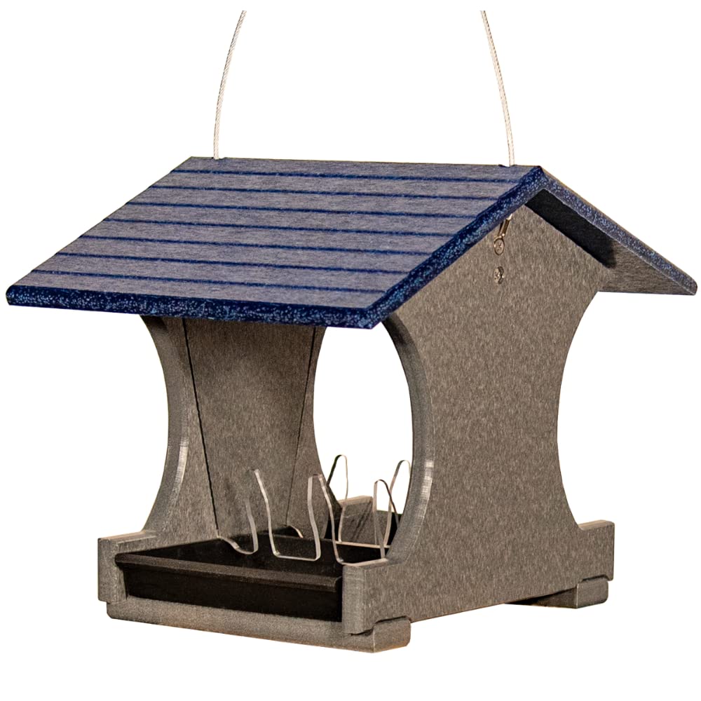 JCS Wildlife Small Hopper Bird Feeder with blue roof, perfect for gardens or landscapes, made from recycled poly lumber.