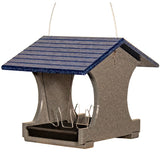 JCS Wildlife Small Hopper Bird Feeder with blue roof, perfect for gardens or landscapes, made from recycled poly lumber.
