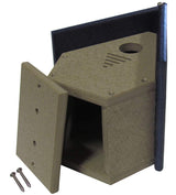Recycled plastic birdhouse with removable access panel and dark blue roof showing mounting screws and ventilation slots
