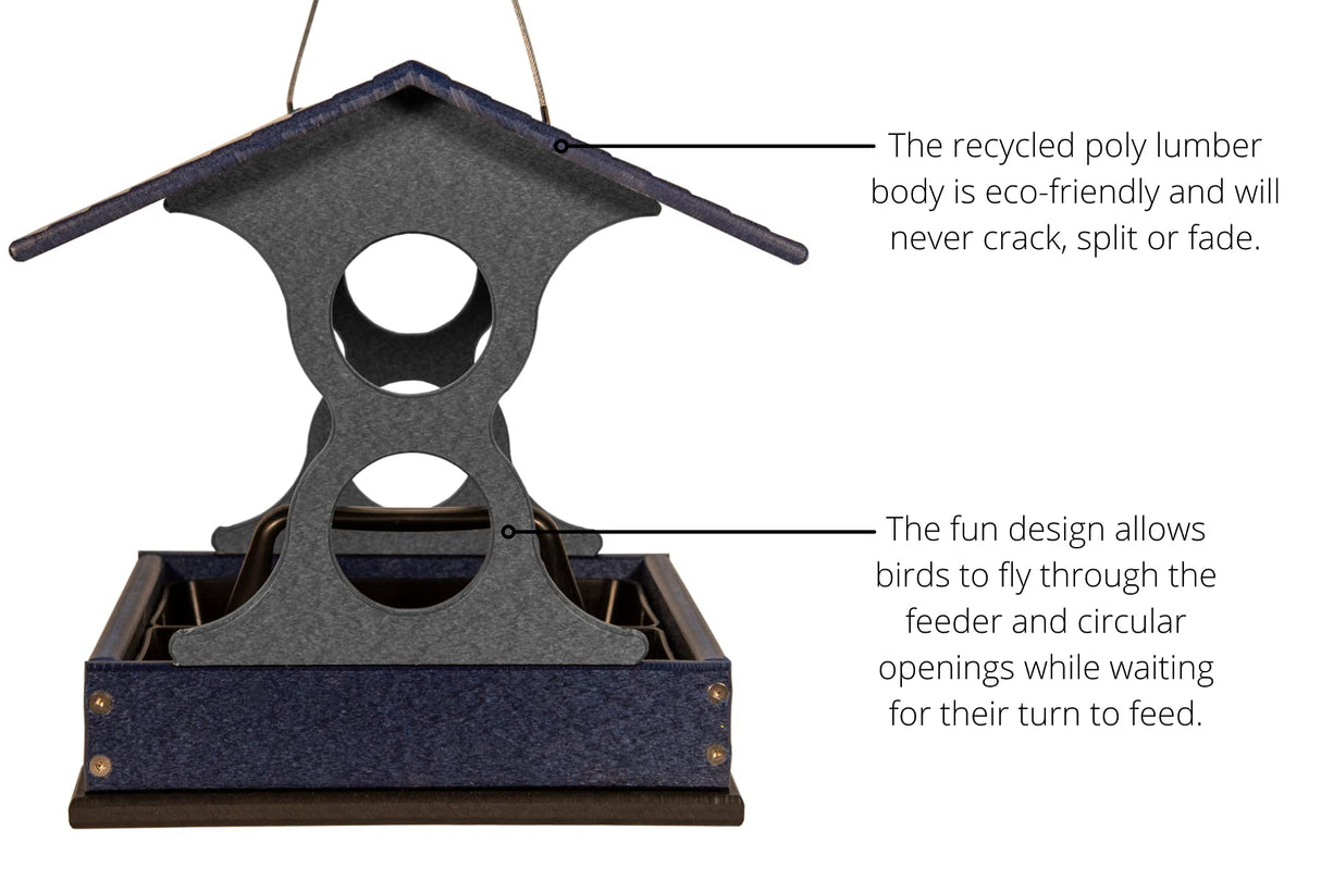 Recycled poly lumber bird feeder with a gray house-shaped top and a navy blue base featuring circular openings and a tray for seeds
