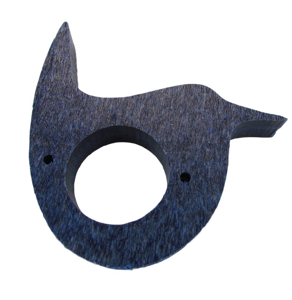 Dark blue wood bird napkin ring showing wood grain texture and two small holes