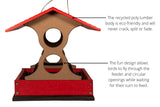 Recycled poly lumber bird feeder with a red roof and base featuring multiple circular openings and a unique design showcasing eco-friendly materials and vibrant color accents
