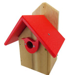 Wooden birdhouse with bright red roof and bird-shaped entrance hole showcasing a natural wood base and visible screws
