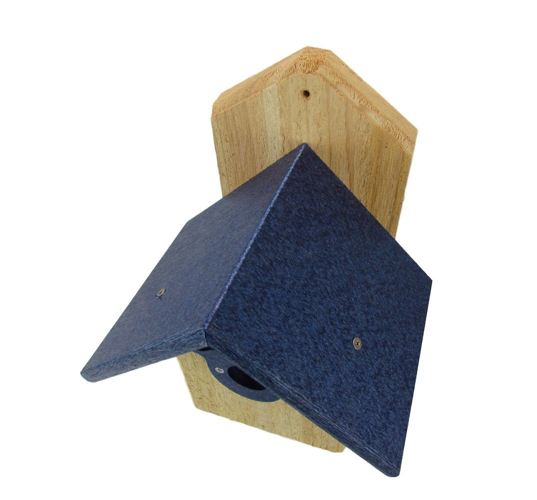 Wooden and recycled plastic birdhouse featuring a dark blue textured roof and light brown wood sides with small entry hole and visible screws.
