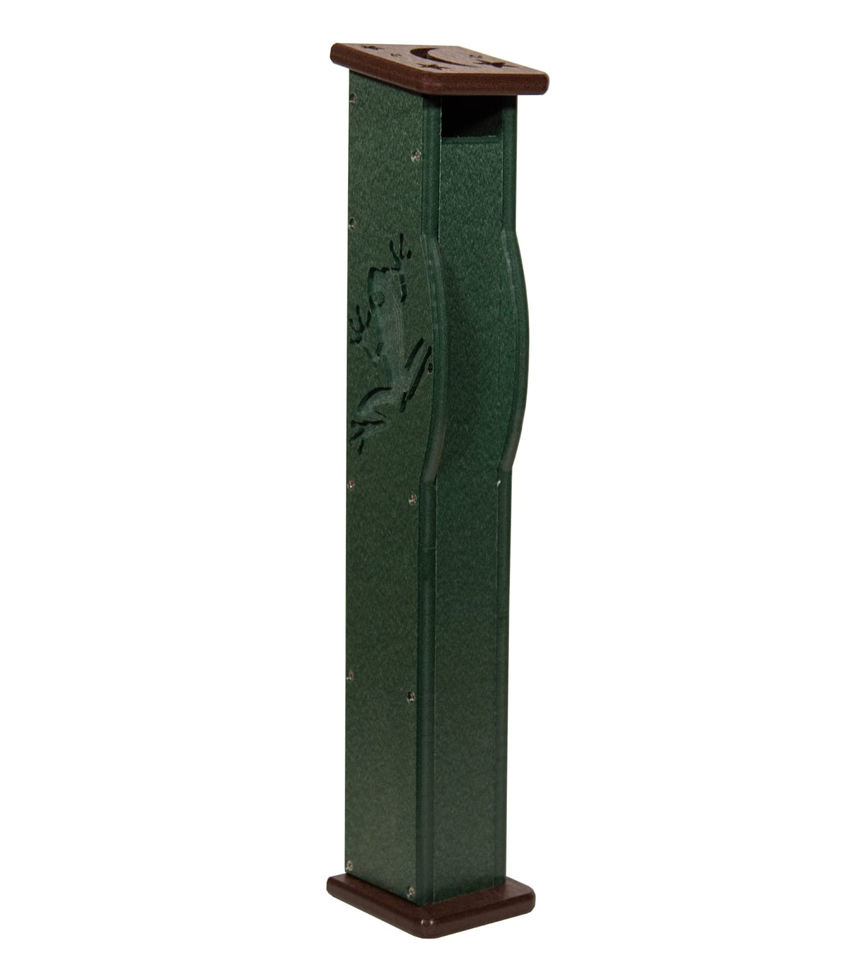 Plastic recycled material post mount mailbox featuring a frog design dark green body and brown top and base.
