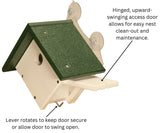 Hinged-window mount Wren House by JCS Wildlife showcasing easy access door for maintenance and clean out.