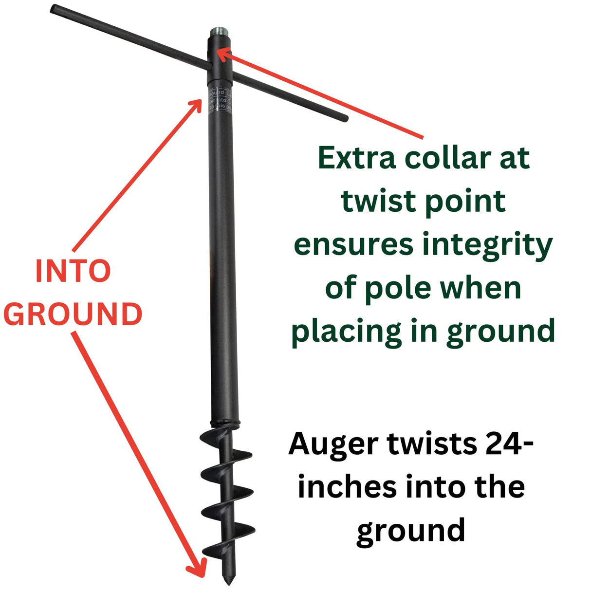 Diagram showing a black metal auger post with a twist point collar and a spiral auger that twists 24 inches into the ground for secure placement
