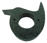 Dark green composite material bird-shaped object with a central hole and two smaller holes, possibly a component or part showing a unique speckled texture and smooth curves.
