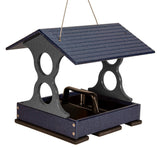 Plastic recycled bird feeder with dark blue roof and gray supports featuring a black tray and small feet for hanging in gardens
