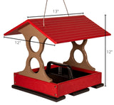 Product image of a red and taupe plastic bird feeder with a pitched roof and two feeding ports showcasing a 12x12x13 inch size and black tray.
