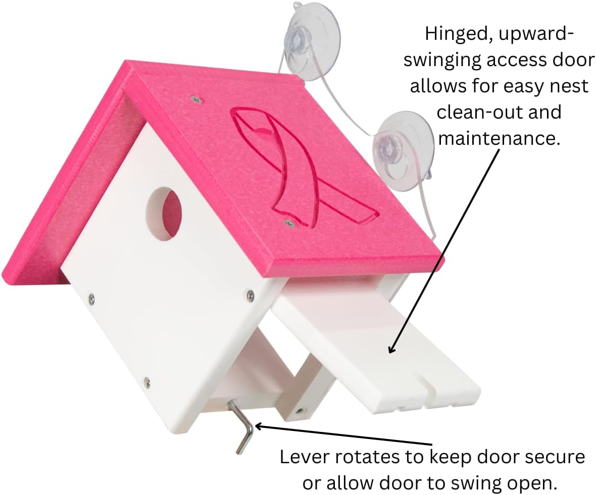 JCS Wildlife Recycled Poly Lumber Window-Mount Wren House with hinged door for easy cleaning and maintenance.