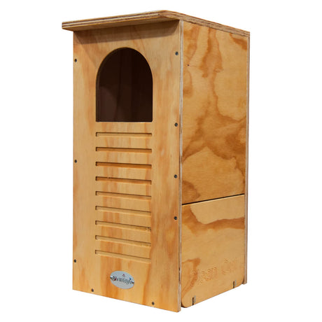 JO's Wildlife wooden birdhouse featuring an arched entryway, ventilation slats, and a clean-out door showcasing light-brown plywood and a metallic logo
