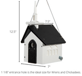 Wooden birdhouse designed as a charming church with a steeple and black roof featuring a small white door and three windows ideal for wrens and chickadees
