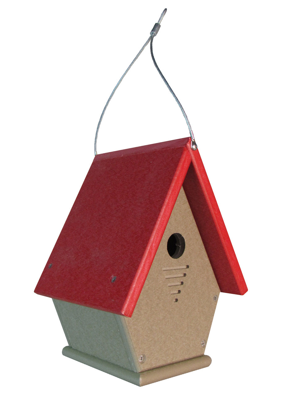 Recycled plastic birdhouse with a red roof and taupe body featuring ventilation slots and a metal hanging wire