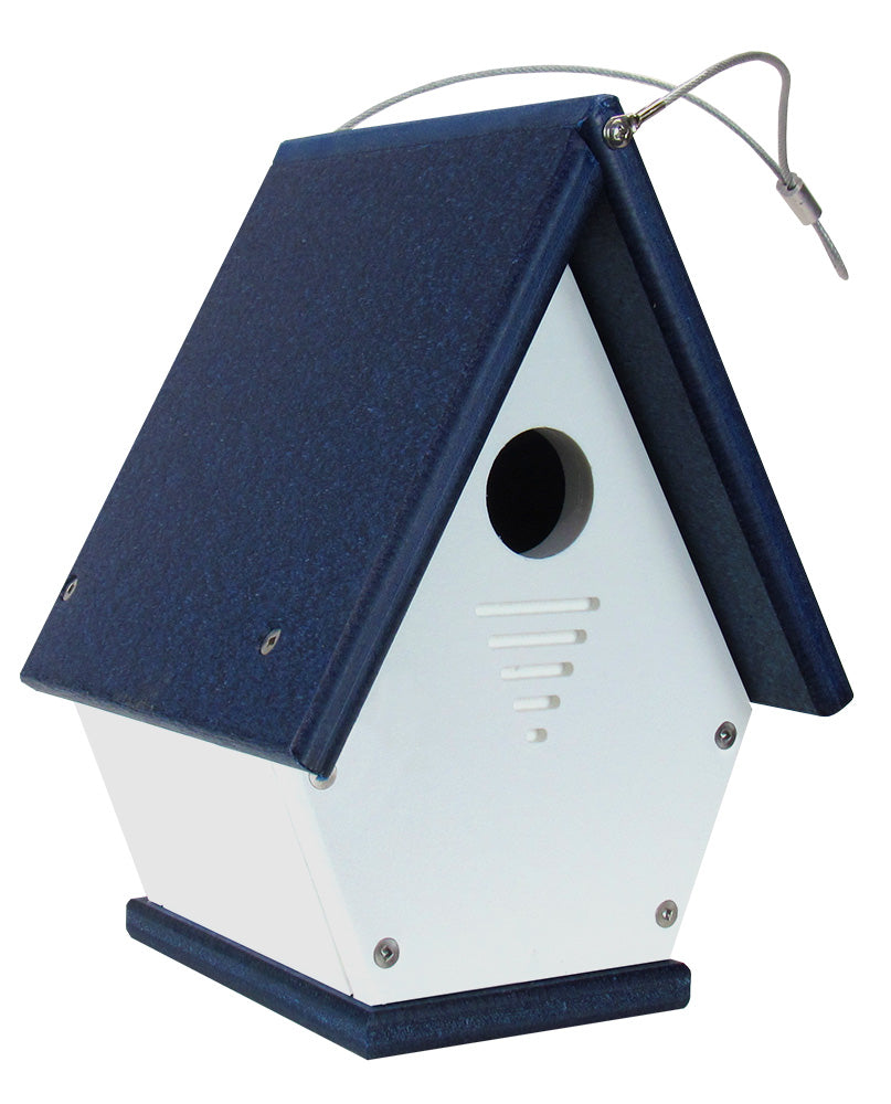 Recycled plastic birdhouse with a navy blue roof and white body featuring ventilation slots and a hanging wire
