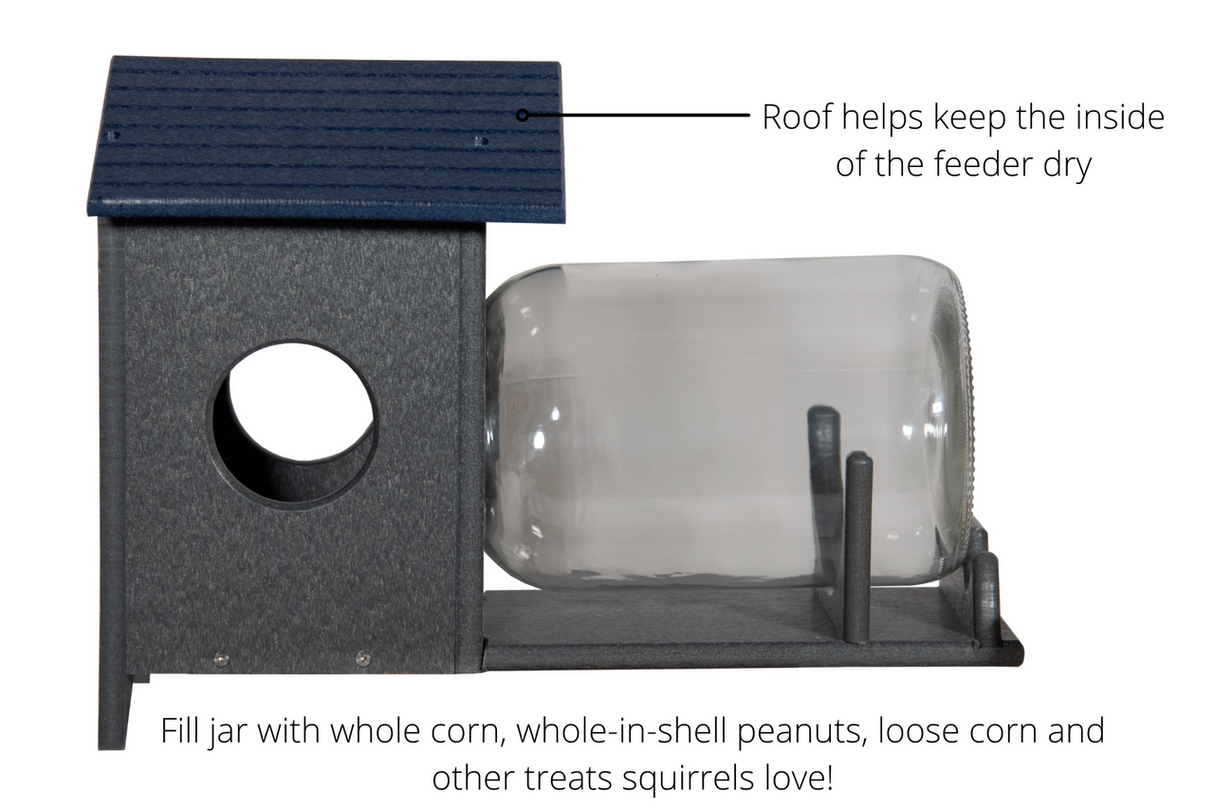 JCS Wildlife Squirrel Under Glass Mason Jar Feeder with roof and jar for peanuts and corn treats.