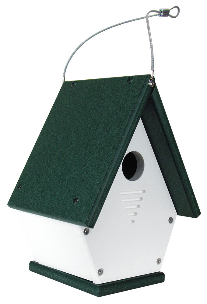 Recycled plastic birdhouse featuring a dark green roof, white body, and silver hanging wire showing ventilation slots and a circular entry hole

