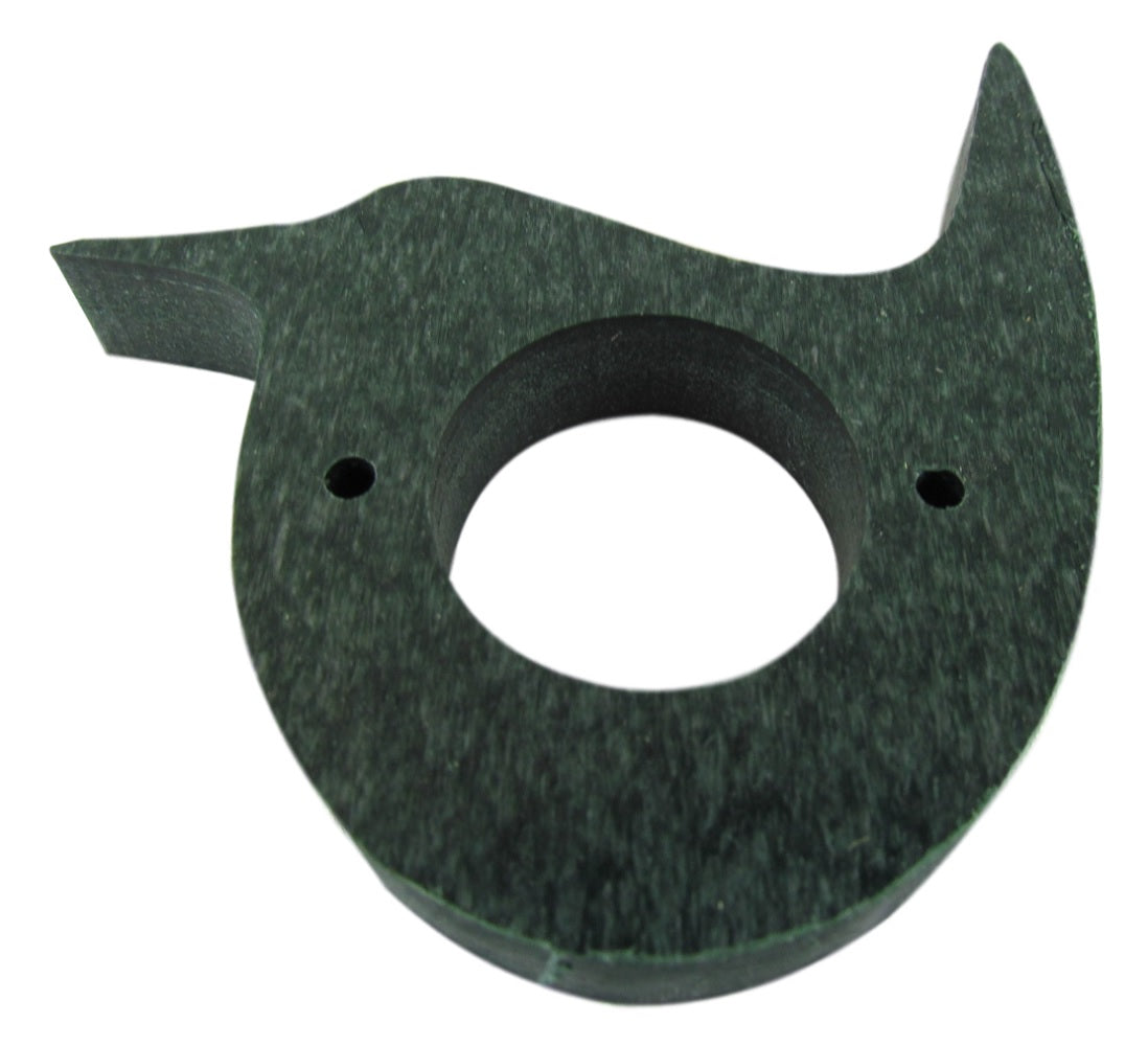 Dark green composite material bird-shaped object with a central hole and two smaller holes, showing a speckled texture and smooth curved lines
