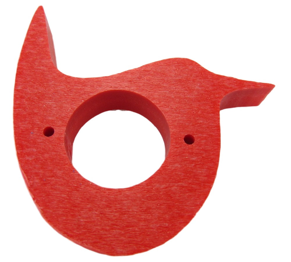 Red painted wood bird shaped napkin ring with central hole and two small holes on the sides
