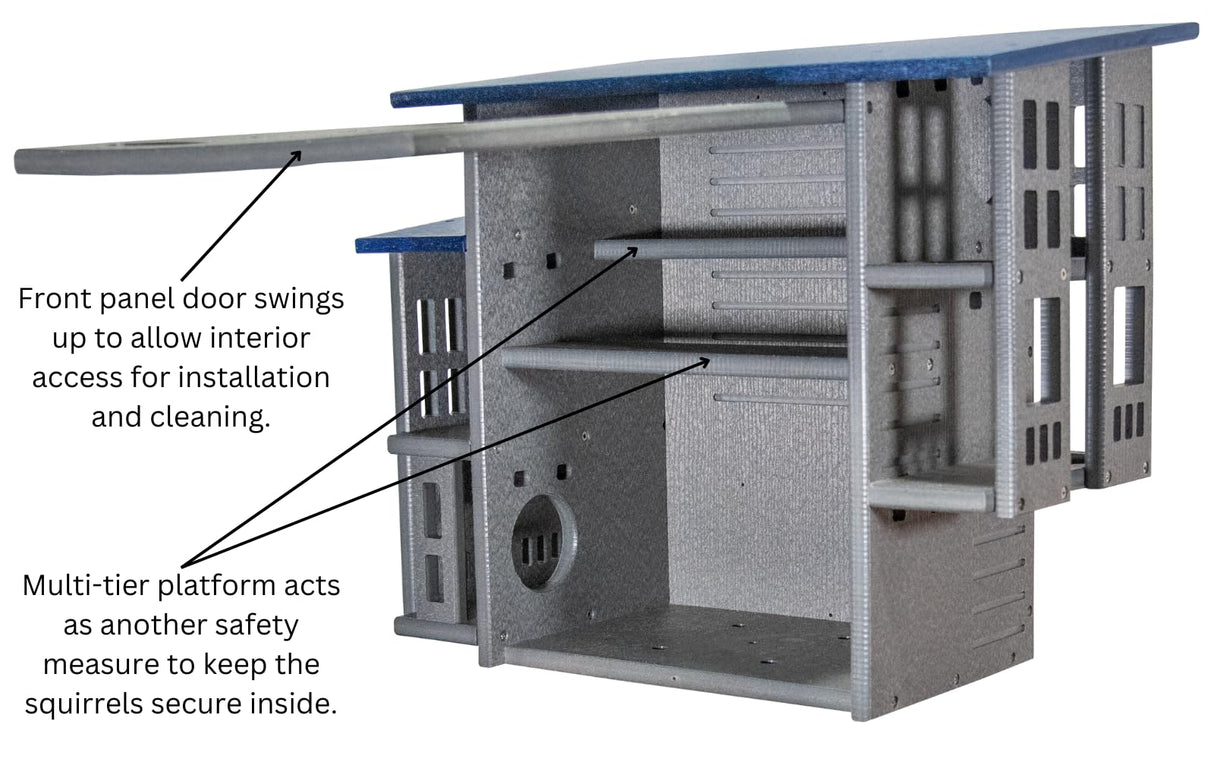 Product rendering of a multi-tiered gray and blue squirrel house with a hinged front panel, interior shelves, and multiple entry/exit points showcasing its unique design and safety features.
