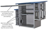 Product rendering of a multi-tiered gray and blue squirrel house with a hinged front panel, interior shelves, and multiple entry/exit points showcasing its unique design and safety features.
