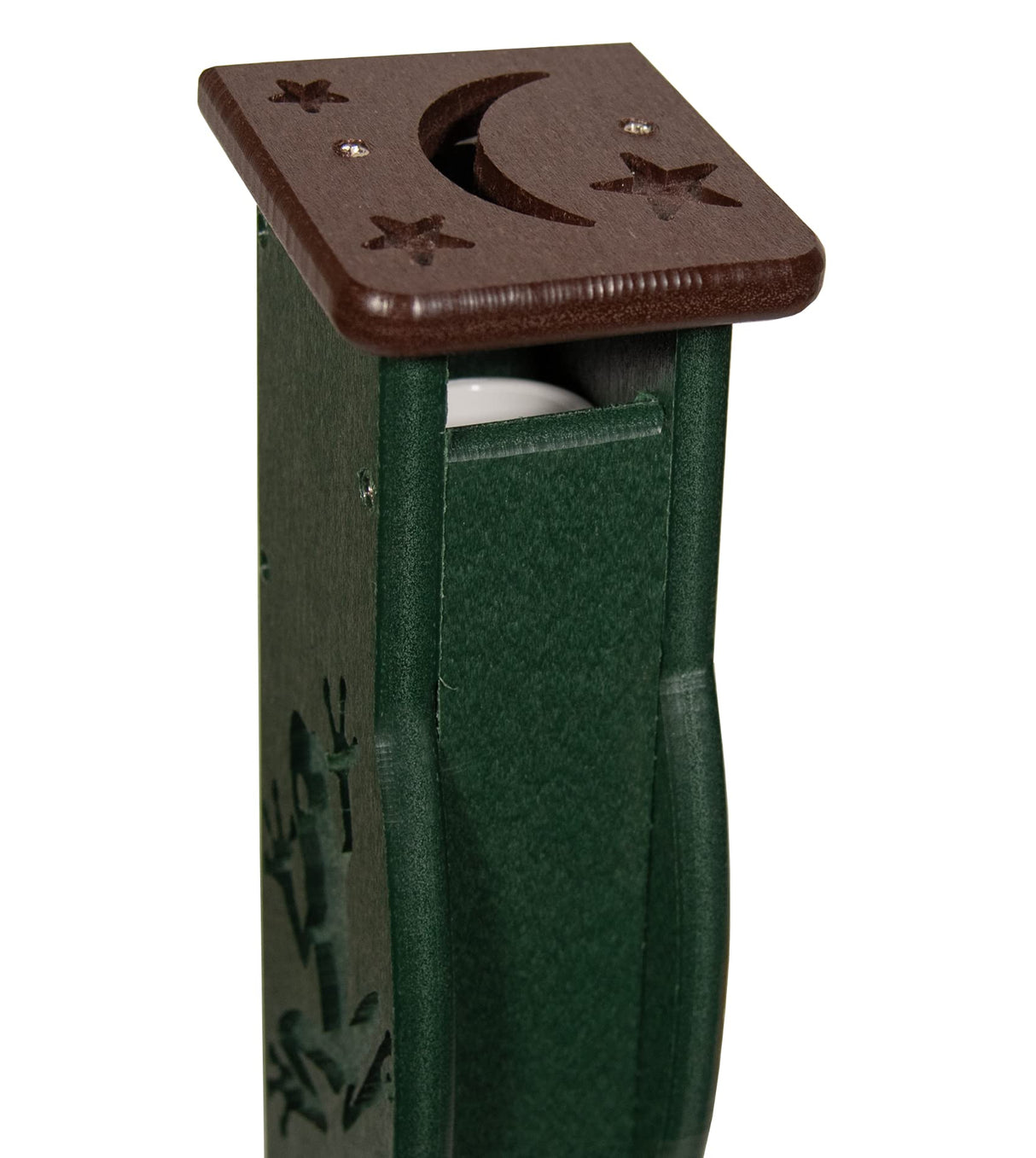 Plastic resin garden décor featuring a carved frog a dark green body and a brown top with a crescent moon and stars