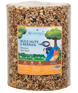 JCS Wildlife Bugs Nuts and Berries Premium Bird Seed in a large cylinder, 3.8 lb, perfect for attracting more birds.