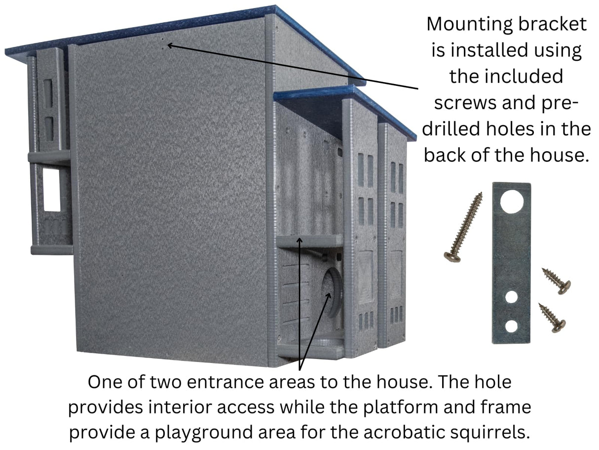 Product rendering showing a gray and blue multi-level squirrel house with two entrances, a platform, and pre-drilled holes for mounting brackets, featuring a textured surface and small windows