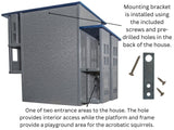 Product rendering showing a gray and blue multi-level squirrel house with two entrances, a platform, and pre-drilled holes for mounting brackets, featuring a textured surface and small windows