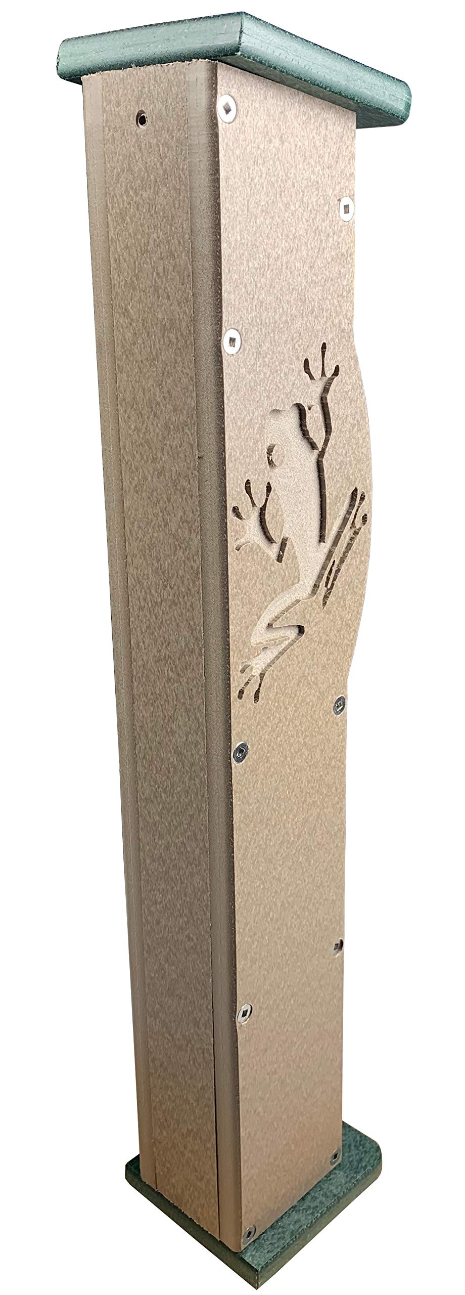 Recycled plastic post featuring a carved frog design with taupe and green accents and visible screws