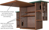 Diagram of a multi-tiered brown and green plastic squirrel feeder with interior platforms and a swinging front panel for easy cleaning showing multiple access points and safety features
