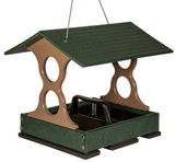 Plastic recycled bird feeder with green roof taupe supports and black tray featuring a hanging design
